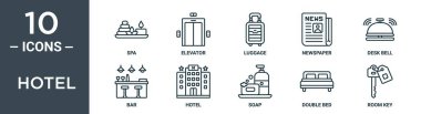 Otel ana hatları simgesi seti ince hat spa, asansör, bavul, gazete, masa zili, bar, rapor için otel simgeleri, sunum, diyagram, web tasarımı içerir