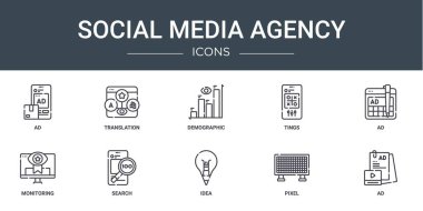 Rapor, sunum, diyagram, web tasarımı, mobil uygulama gibi 10 ana hatlı sosyal medya simgesi seti