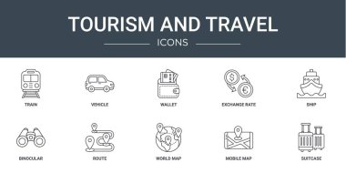 Rapor, sunum, diyagram, web tasarımı, mobil uygulama gibi 10 ana hatlı web turizmi ve seyahat simgesi seti, tren, araç, cüzdan, döviz kuru, gemi, dürbün, rota vektör simgeleri