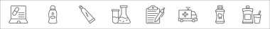 Hücre element çizgisi simgelerinin ana hatları. İnternet üzerinden ilaç, göz damlası, diş macunu, matara, tıbbi rapor, ambulans, hap gibi doğrusal vektör simgeleri