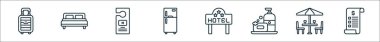 Otel hattı ikonlarının ana hatları. bavul, çift yatak, kapı askısı, buzdolabı, otel, sabun, teras, fatura gibi doğrusal vektör simgeleri