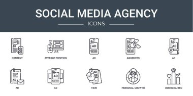 İçerik, ortalama konum, ad, farkındalık, ad, ad, ad, vektör simgeleri, rapor, sunum, diyagram, web tasarımı, mobil uygulama gibi 10 ana hatlı sosyal medya simgesi seti