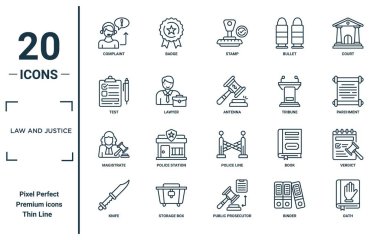 Hukuk ve adalet doğrusal ikonu ayarlandı. İnce satır şikayeti, test, hakim, bıçak, yemin, anten, rapor için karar simgeleri, sunum, diyagram, web tasarımı
