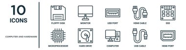 İnce çizgi disket, usb port, sssd, sabit disk, usb kablosu, hdmi portu, rapor için mikroişlemci simgeleri, sunum, diyagram, web tasarımı gibi bilgisayar ve donanım ana ana simge seti