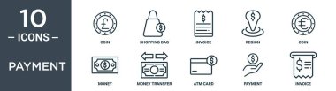 Ödeme ana hatları simgesi seti ince çizgi para, alışveriş çantası, fatura, bölge, para, para, rapor, sunum, diyagram, web tasarımı için para transfer simgeleri içerir