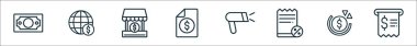 Ödeme çizgisi simgeleri. Nakit, internet bankacılığı, depolama, fatura, barkod taraması, indirim, yatırım dönüşü, fatura gibi doğrusal vektör simgeleri