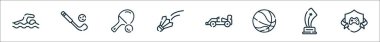 Spor çizgisi simgelerinin ana hatları. yüzme, golf, masa tenisi, badminton, yarış, basketbol, kazanma, e spor gibi doğrusal vektör simgeleri