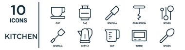 İnce çizgi bardağı, spatula, kaşık, zamanlayıcı, kaşık, spatula simgeleri, sunum, diyagram, web tasarımı gibi mutfak ana hatları simgesi kümesi