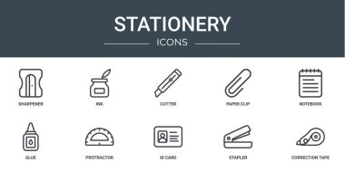 Rapor, sunum, diyagram, web tasarımı, mobil uygulama gibi 10 ana hatlı web kırtasiye simgesi seti, keski, ataç, not defteri, yapıştırıcı, açıölçer vektör simgeleri