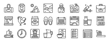 Rapor için spor, alarm, yoga, gündoğumu, sıkma, kremler, kuş vektör simgeleri, sunum, diyagram, web tasarımı, mobil uygulama gibi 24 ana hatlı gündem simgeleri