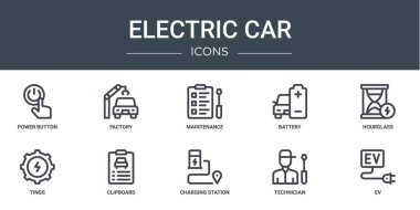 Rapor, sunum, diyagram, web tasarımı, mobil uygulama gibi 10 ana hatlı elektrikli araba simgesi seti, fabrika, bakım, pil, kum saati, konum, pano vektör simgeleri