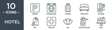 Otel ana hatları simgesi seti ince çizgi park, çamaşır parkı, valiz, tek yatak, anahtar, anahtar, rapor için ilk yardım simgeleri, sunum, diyagram, web tasarımı içerir
