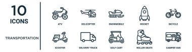 Rapor için ince çizgi atv, kar motosikleti, bisiklet, teslimat kamyonu, paten, karavan, scooter simgeleri, sunum, diyagram, web tasarımı gibi taşıma simgesi seti