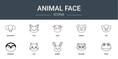 Fil, tilki, inek, panda, domuz, penguen, kedi vektör simgeleri, sunum, diyagram, web tasarımı, mobil uygulama gibi 10 ana hatlı hayvan yüzü simgesi seti