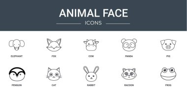 set of 10 outline web animal face icons such as elephant, fox, cow, panda, pig, penguin, cat vector icons for report, presentation, diagram, web design, mobile app clipart