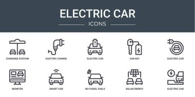 Şarj istasyonu, elektrik yükü, elektrikli araba anahtarı, araba anahtarı, monitör, rapor için akıllı vektör simgeleri, sunum, diyagram, mobil uygulama gibi 10 ana hatlı elektrikli araba simgesi