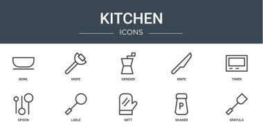 Rapor için kase, bıçak, öğütücü, bıçak, zamanlayıcı, kaşık, kepçe vektör simgeleri, sunum, diyagram, web tasarımı, mobil uygulama gibi 10 ana hatlı web mutfak simgesi seti