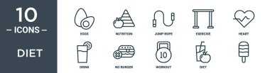 diyet taslak simgesi seti ince çizgi yumurta, beslenme, atlama ipi, egzersiz, kalp, içecek, rapor için burger simgesi yok, sunum, diyagram, web tasarımı içerir
