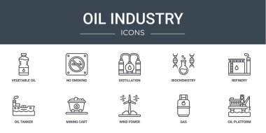 Bitkisel yağ, sigara, damıtma, biyokimya, rafineri, petrol tankeri, rapor, sunum, diyagram, web tasarımı gibi 10 ana hatlı web petrol sanayi ikonu seti,