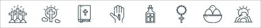 Bir dizi kutsal hafta çizgisi ikonu. Kutsal hafta, yüksel, İncil, damga, kutsal su, tespih, yumurta, mağara gibi doğrusal vektör simgeleri