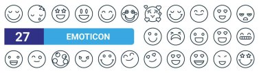 Gülümseme, uykulu, heyecanlı, mutlu, ağlama, göz kırpma, aşık olma, web tasarımı için heyecanlı vektör ince çizgi simgeleri, mobil uygulama gibi 27 ana hatlı web simgesi.