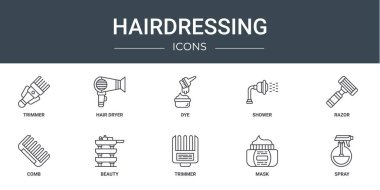 Rapor için 10 ana hatlı saç kurutma makinesi, boya, duş, jilet, tarak, güzellik vektör simgesi, sunum, diyagram, web tasarımı, mobil uygulama gibi web tasarımı simgeleri
