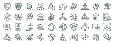 set of 40 outline web crisis management icons such as defense, family insurance, error, safety, insurance, stakeholder, warning icons for report, presentation, diagram, web design, mobile app clipart