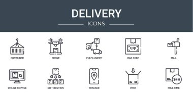 Rapor, sunum, diyagram, web tasarımı, mobil uygulama gibi 10 ana hatlı web dağıtım simgesi seti (container, drone, fullment, bar code, mail, online service, distribution vector simgeleri)