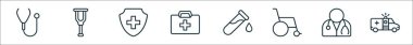 Hastane hattı ikonlarının ana hatları. Steteskop, yaralanma, koruma, ilk yardım kiti, test tüpü, tekerlekli sandalye, doktor, ambulans gibi doğrusal vektör simgeleri