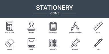 Hesap makinesi, pul, pano, çizim pusulası, cetvel, silgi, rapor için kitap vektör simgeleri, sunum, diyagram, web tasarımı, mobil uygulama gibi 10 ana hatlı web kırtasiyesi simgesi kümesi