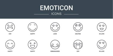Rapor, sunum, diyagram, web tasarımı, mobil uygulama gibi ağlama, mutluluk, sevgi, heyecan gibi 10 ana hatlı web simgesi seti