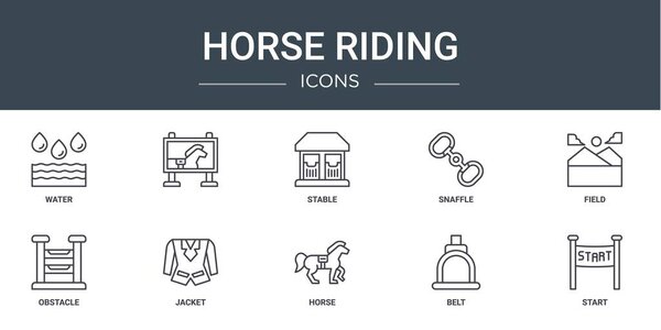 set of 10 outline web horse riding icons such as water, , stable, snaffle, field, obstacle, jacket vector icons for report, presentation, diagram, web design, mobile app