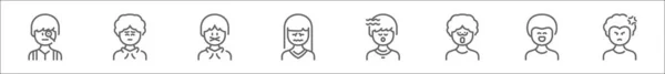 outline set of human emotion line icons. linear vector icons such as curious, pleased, secret, depressed, calm, scared, happy, angry