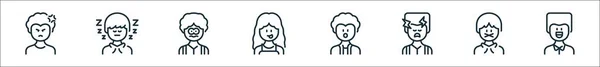 outline set of human emotion collection. line icons. linear vector icons such as angry, tired, scared, zany, surprised, frustrated, secret, happy