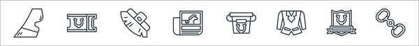 outline set of horse riding line icons. linear vector icons such as horse feet, ticket, brush, newspaper, bucket, jacket, badge, snaffle