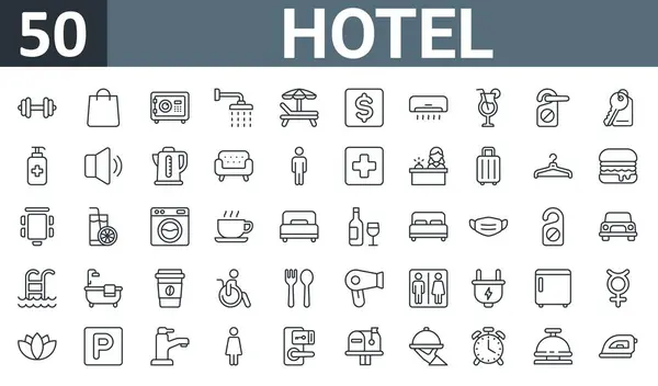 Fitness, alışveriş, güvenlik kutusu, duş, havuz sandalyesi, nakit para birimi, ac vektör ince simge rapor, sunum, diyagram, mobil uygulama gibi 50 ana hatlı otel simgesi seti.