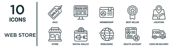 İnce satır satışı, üyelik, konum, dijital cüzdan, silme hesabı, teslimatta nakit, rapor için depolama simgeleri, sunum, diyagram, web tasarımı gibi web depolama simgesi seti