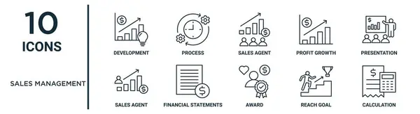 İnce çizgi geliştirme, satış temsilcisi, sunum, finansal açıklamalar, ulaşım hedefi, hesaplama, satış temsilcisi simgeleri, sunum, diyagram, web gibi satış yönetimi ana hatları simgesi seti