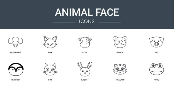 Fil, tilki, inek, panda, domuz, penguen, kedi vektör simgeleri, sunum, diyagram, web tasarımı, mobil uygulama gibi 10 ana hatlı hayvan yüzü simgesi seti