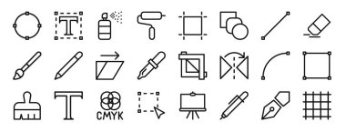 Seç, metin kutusu, spreyleyici, roller, sanat tahtası, harmanlama aracı, rapor, sunum, diyagram, web tasarımı, mobil uygulama gibi 24 ana hatlı web tasarım ikonu seti