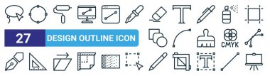 set of 27 outline web design outline icon icons such as lasso tool, select, roller, type, bezier, ruler, pencil, painting stand vector thin line icons for web design, mobile app. clipart