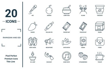 Ramazan ve bayram doğrusal simgesi seti. İnce çizgi mikrofon, mango, bebek ayakkabısı, yağ lambası, çay fincanı, dua paspası, rapor için çanta simgeleri, sunum, diyagram, web tasarımı