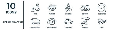 Rapor için ince çizgi rüzgar, itici, saat yönünde, hız göstergesi, ödeme, kaplumbağa, hızlı dağıtım simgeleri, sunum, diyagram, web tasarımı gibi hız tablosu simgesi