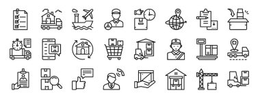 Kontrol listesi, ev dağıtımı, uluslararası dağıtım, sürücü, paket, coğrafi konum, rapor için vektör simgeleri, sunum, diyagram, web tasarımı, mobil