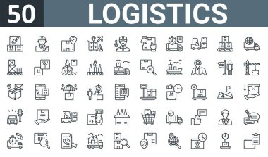 Paketleme, postacı, paket koruması, hava kargosu, teslimat servisi, elle teslim, nakliye zaman vektörü incecik ikonlar rapor, sunum, diyagram gibi 50 ana hatlı web lojistik simgesi,