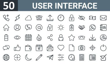Çağrı, gök gürültüsü, bulut, telefon, gönderme, saat, asma kilit vektör incecik simgeleri, sunum, diyagram, web tasarımı, mobil uygulama gibi 50 kullanıcı arayüzü simgesi kümesi.
