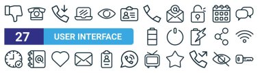 Web tasarımı için 27 ana hatlı web kullanıcı arayüzü simgesi seti, telefon, çağrı, e- posta, kapatma, iletişim defteri, eski TV, web tasarımı için anahtar vektör ince çizgi simgeleri, mobil uygulama.