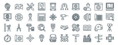 set of 40 outline web geodetic survey icons such as map location, web page, tacheometer, compass, sketch, sketch, hierarchy icons for report, presentation, diagram, web design, mobile app clipart