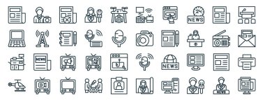 set of 40 outline web news and media icons such as cameraman, laptop, printing hine, helicopter, radio, press room, mass media icons for report, presentation, diagram, web design, mobile app clipart