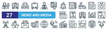 set of 27 outline web news and media icons such as female journalist, commercial, news, editor, code of conduct, press secretary, radio, on air vector thin line icons for web design, mobile app. clipart